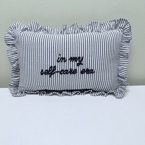 Stylehouse "In My Self-Care Era"' Striped Embroidered Pillow, Blue & White